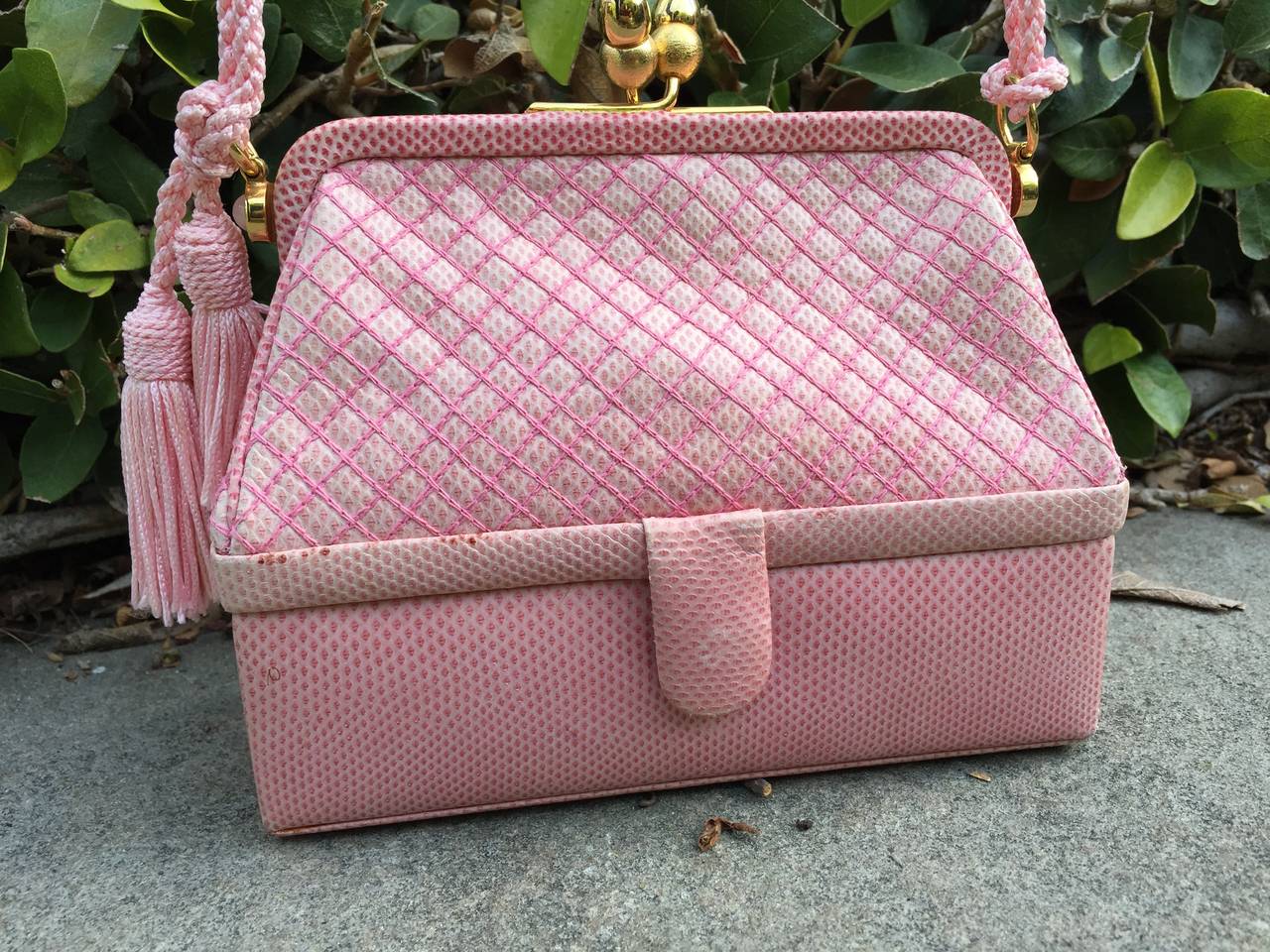 Judith Leiber Mini Pale Pink Quilted Lizard Tassel Bag 6