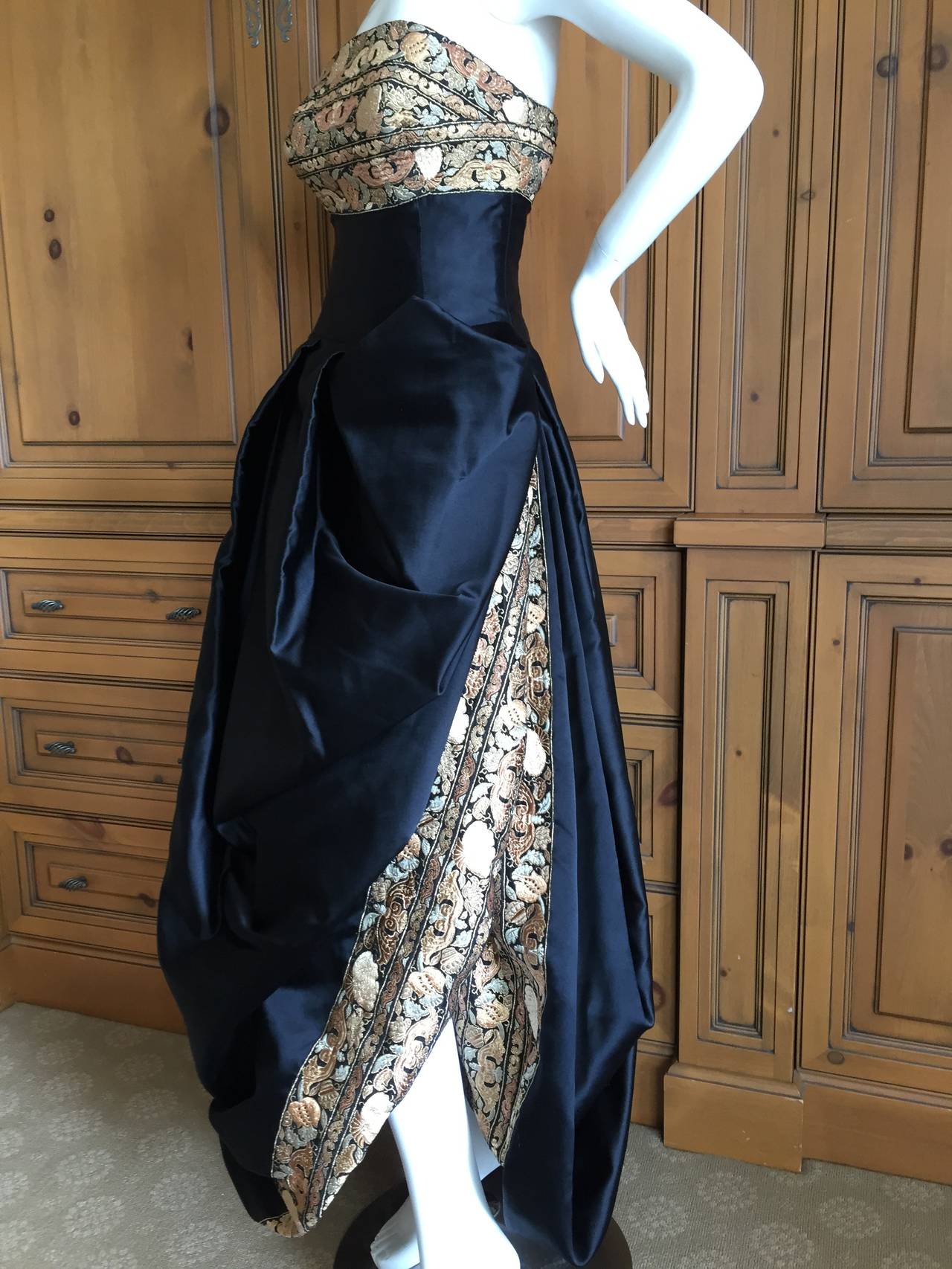 Paul-Louis Orrier Paris Black Strapless Gown w Gold Brocade & Shawl 4