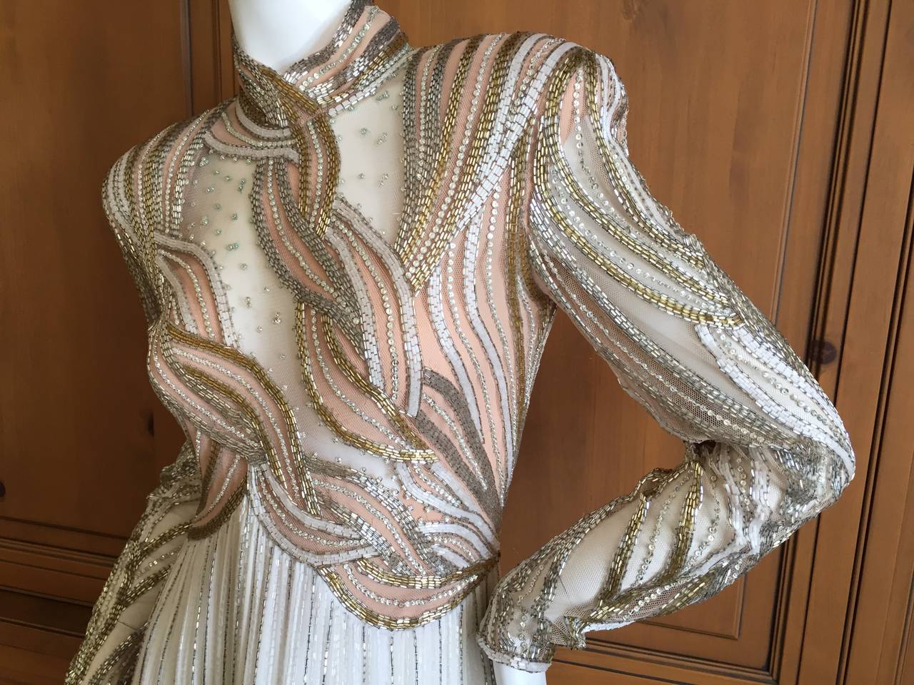 Bob Mackie Sheer Illusion 1970's Beaded Gown In Excellent Condition In Cloverdale, CA