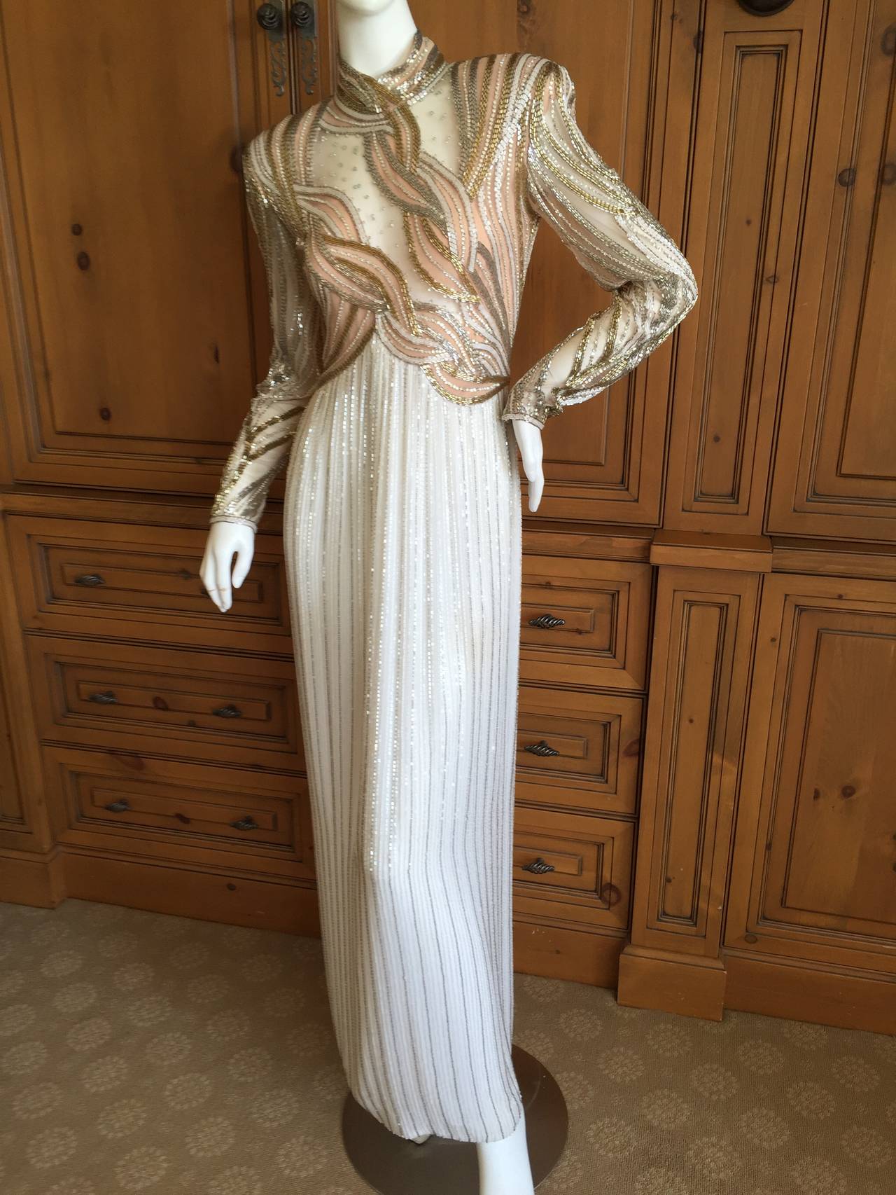 Bob Mackie Sheer Illusion 1970's Beaded Gown 4