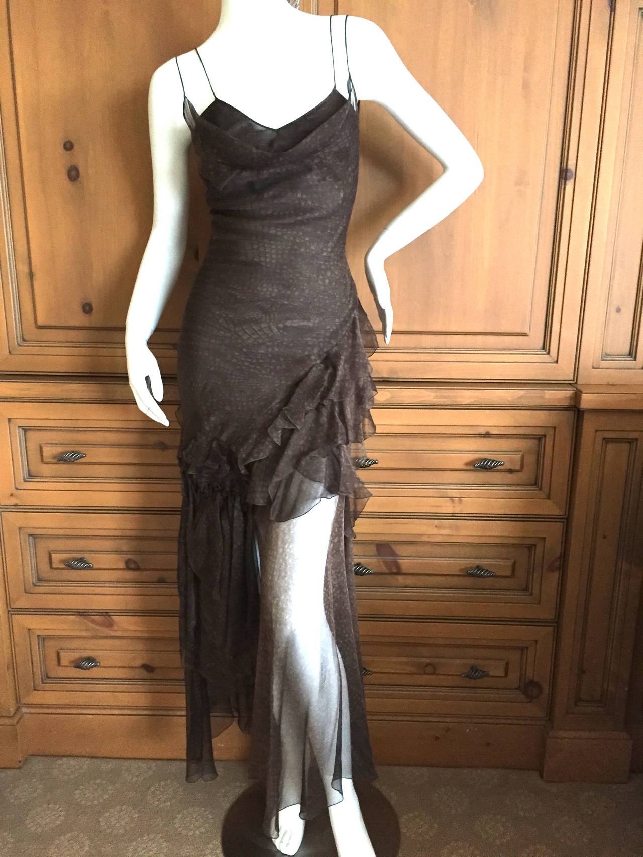 John Galliano Vintage Reptile Print Silk Dress 
This is so pretty, with ruffles , cut on the bias
French size 36
Bust 36