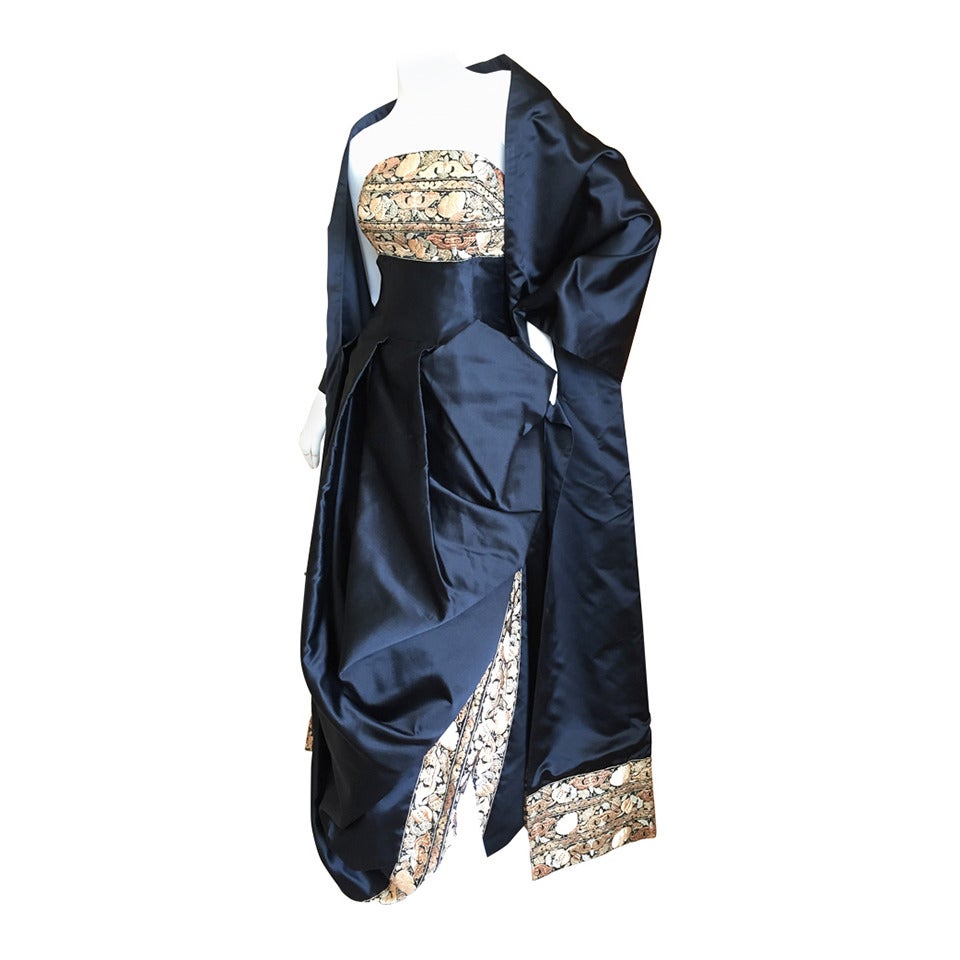 Paul-Louis Orrier Paris Black Strapless Gown w Gold Brocade & Shawl