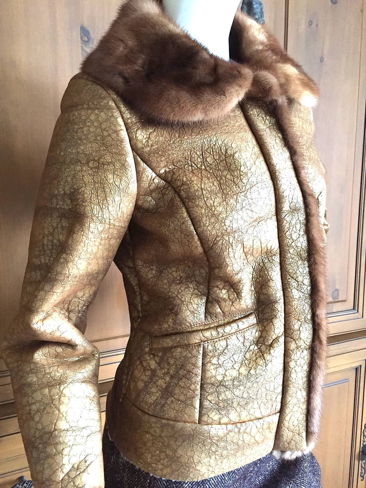 Prada Glamourous Alligator Pattern Gold Leather Jacket with Mink Collar
 Size 40
Bust 38
