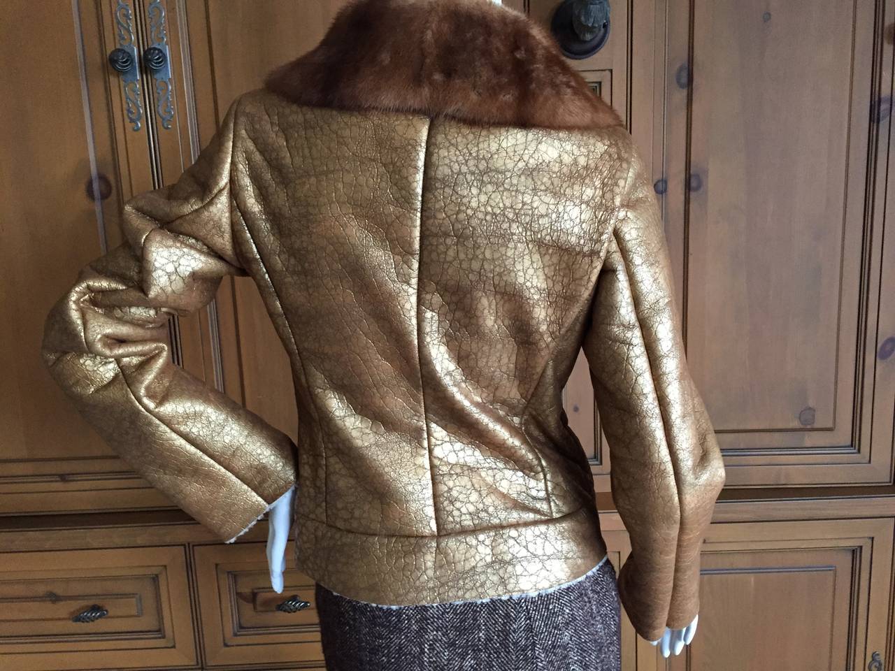 Prada Glamourous Alligator Pattern Gold Leather Jacket with Mink Collar In Excellent Condition In Cloverdale, CA