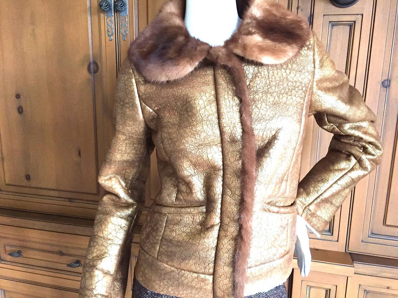 Women's Prada Glamourous Alligator Pattern Gold Leather Jacket with Mink Collar