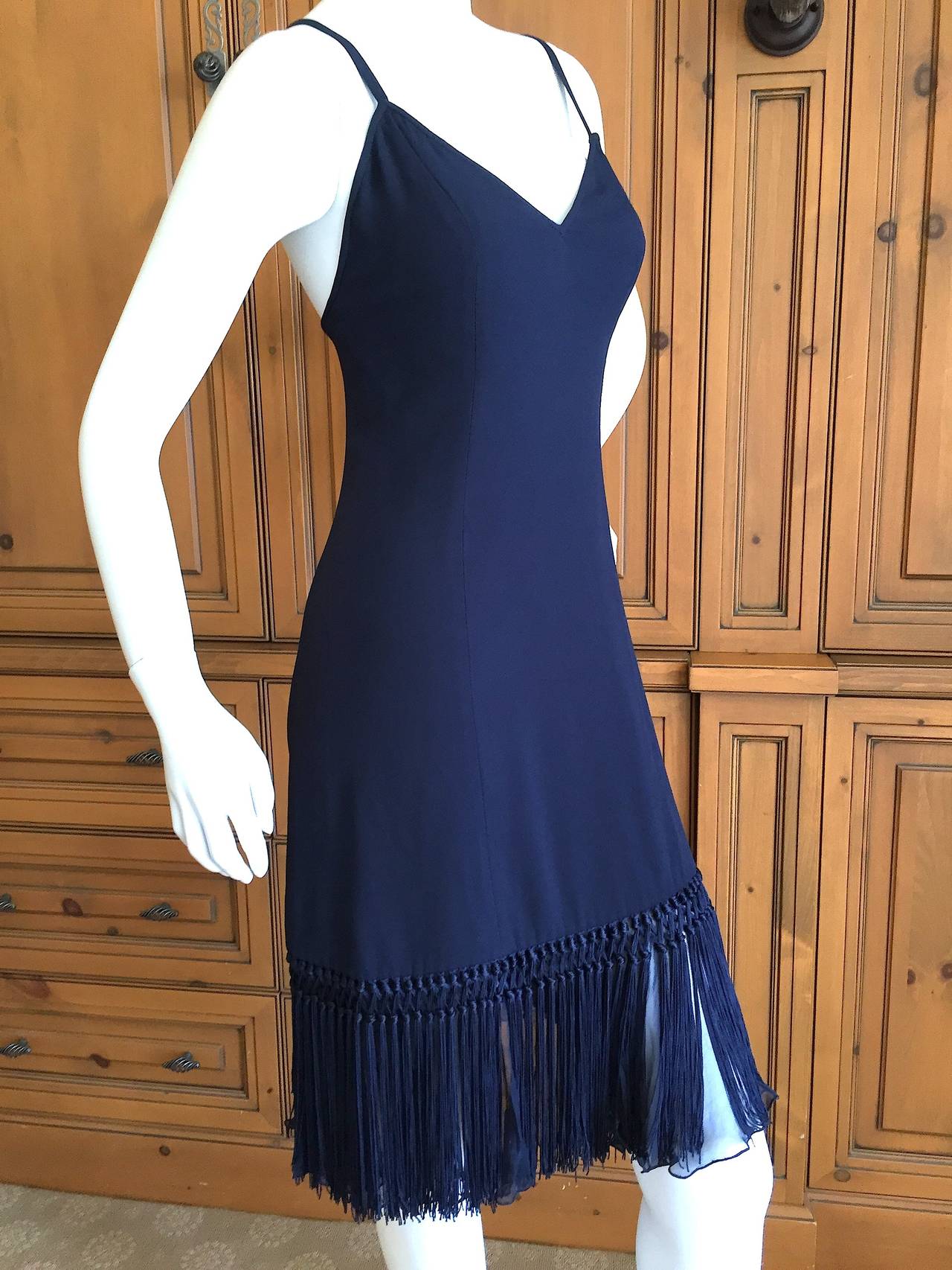 Valentino Vintage Navy Blue Fringed Dress w Matching Fringed Cashmere Sweater In Excellent Condition In Cloverdale, CA