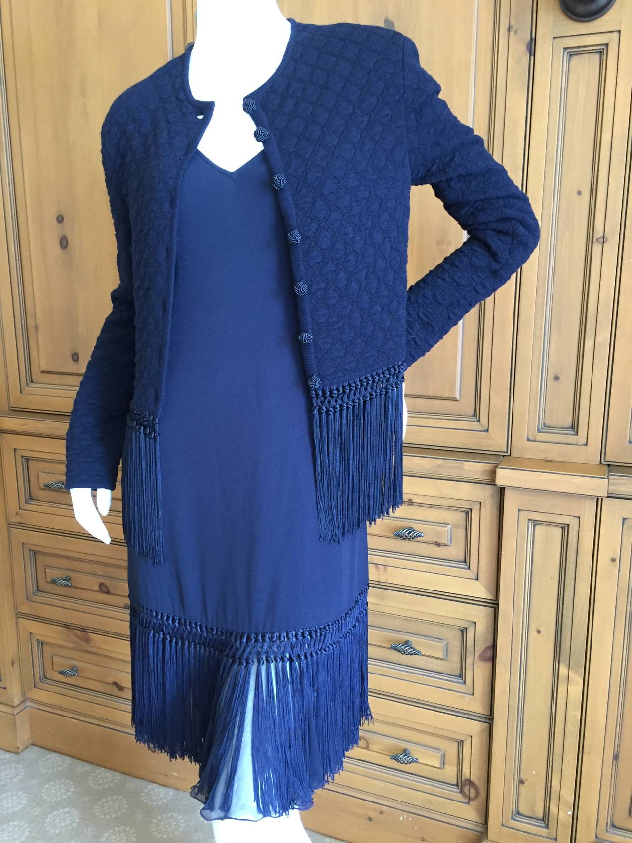 Valentino Vintage Navy Blue Fringed Dress w Matching Fringed Cashmere Sweater 4