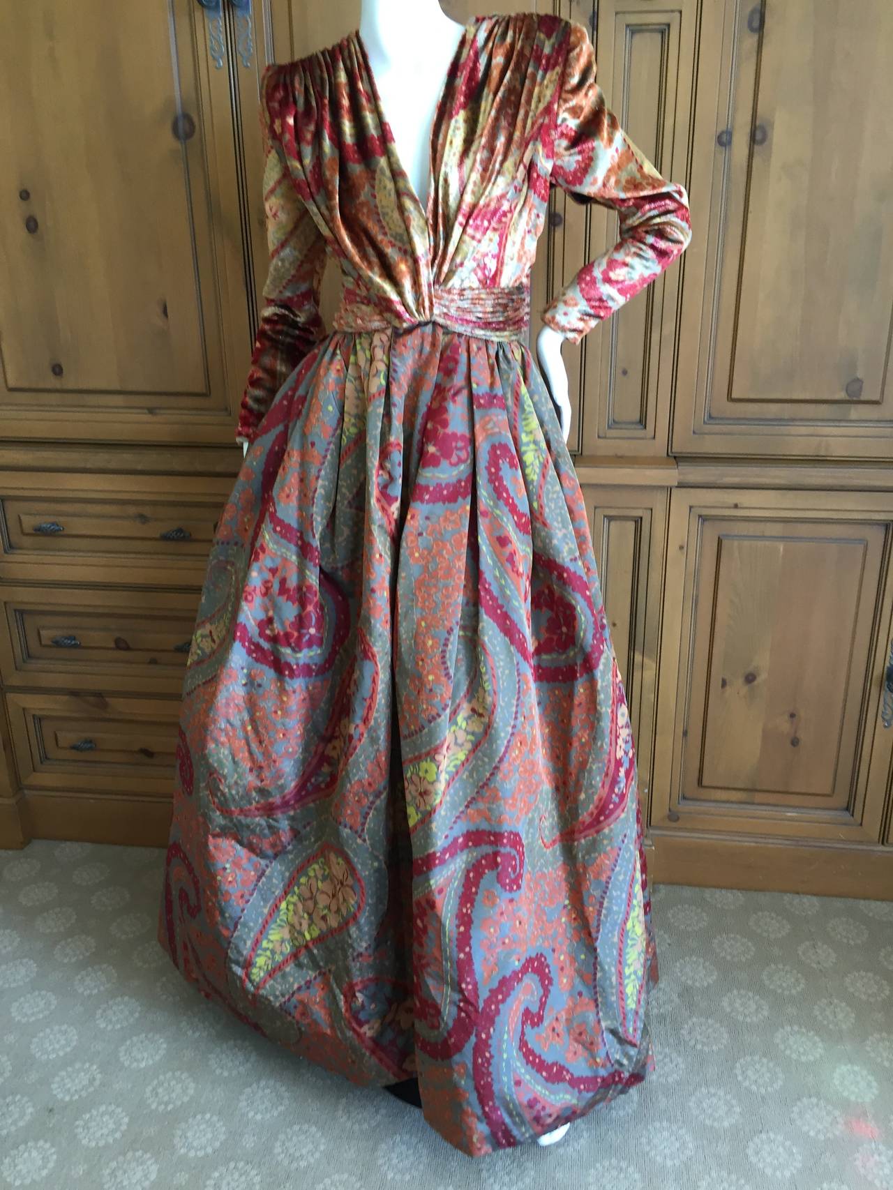 Valentino Boutique 1980's Low Cut Silk Paisley Ball Gown In Excellent Condition In Cloverdale, CA