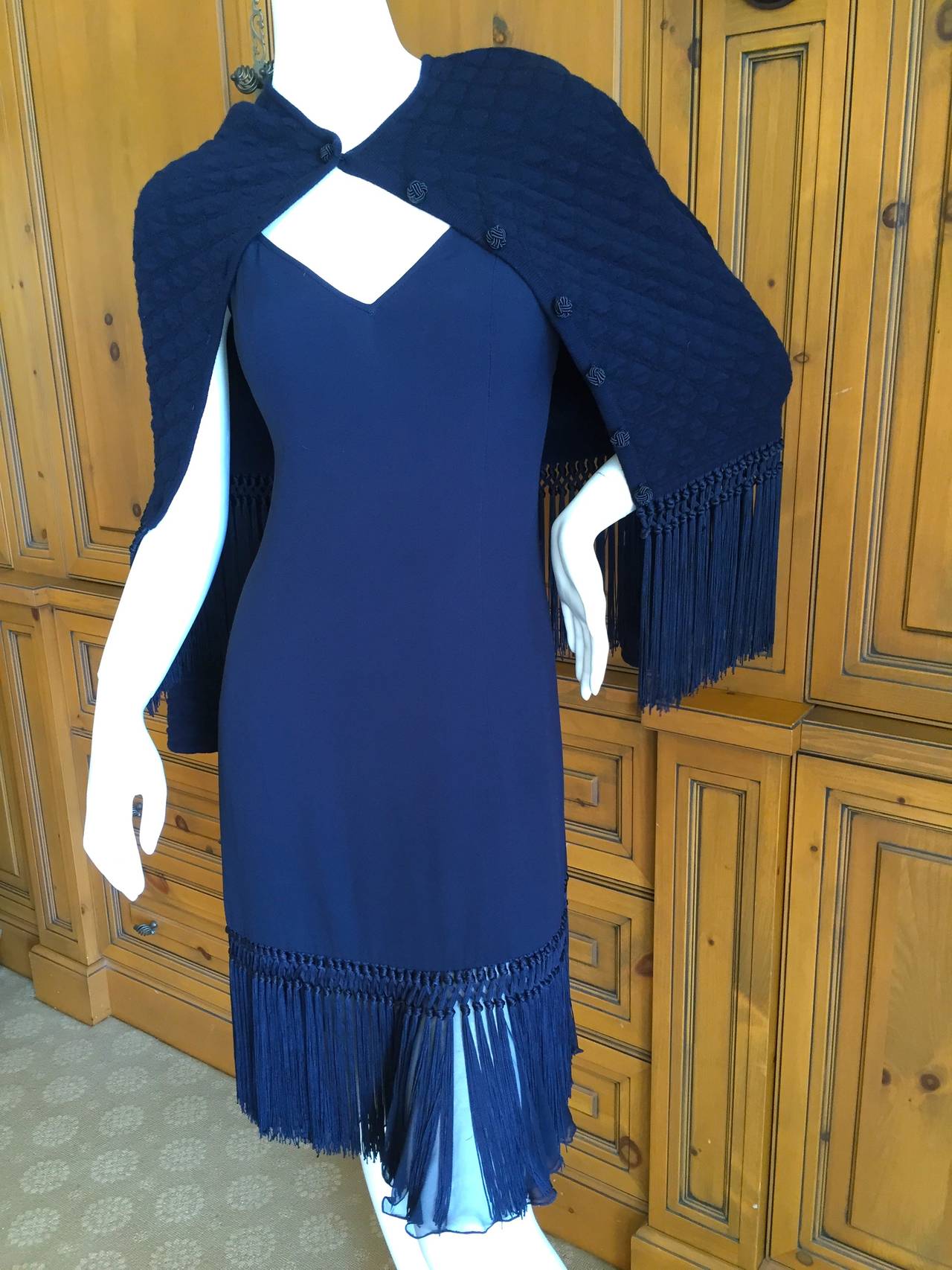 Women's Valentino Vintage Navy Blue Fringed Dress w Matching Fringed Cashmere Sweater