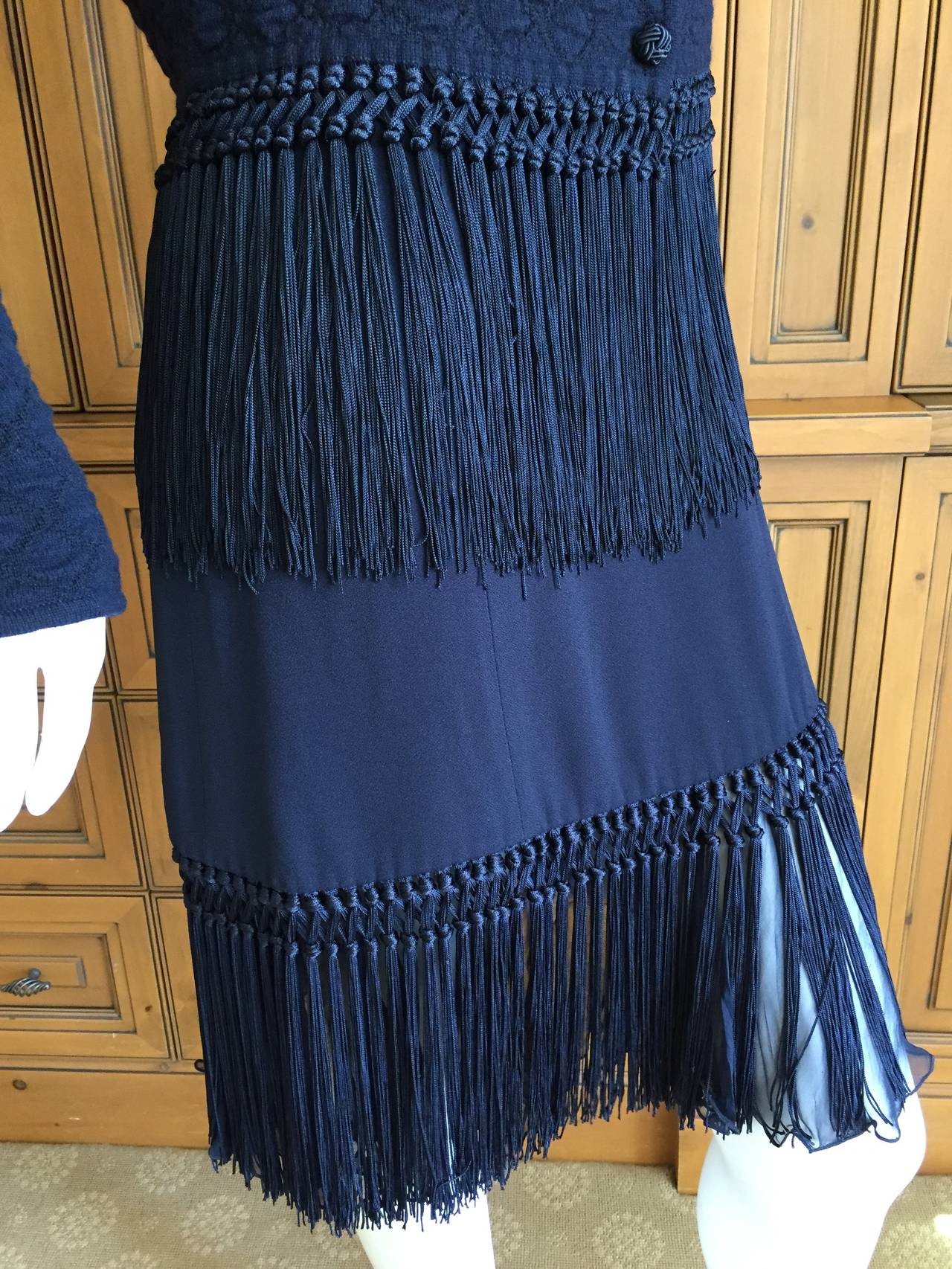 Valentino Vintage Navy Blue Fringed Dress w Matching Fringed Cashmere Sweater 2