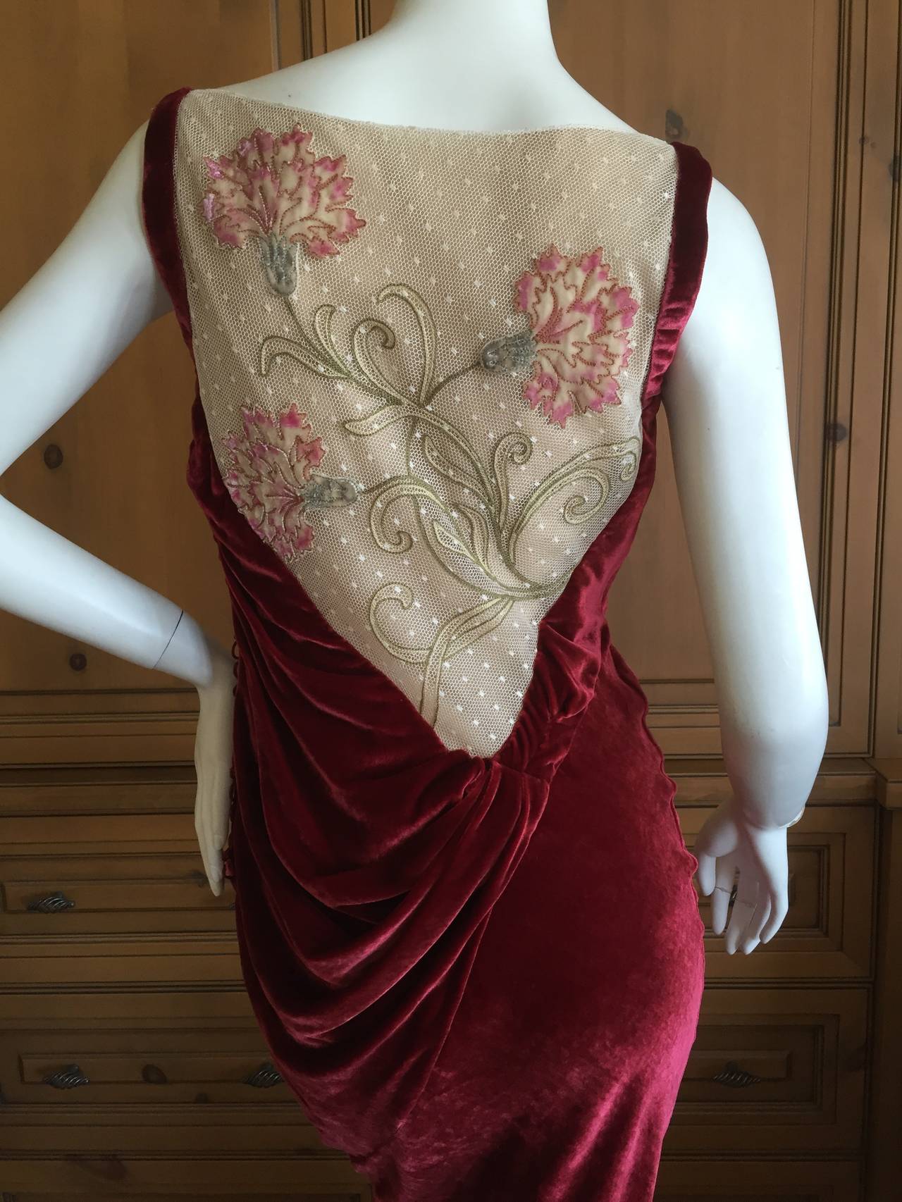 John Galliano Vintage Bias Cut Velvet Dress w Tattoo Embroidered Sheer Back
The original owner had the sheer flesh tone fabric sewn in so she could wear a bra.
Easily removed if you want completely sheer.
French 38

Bust 38