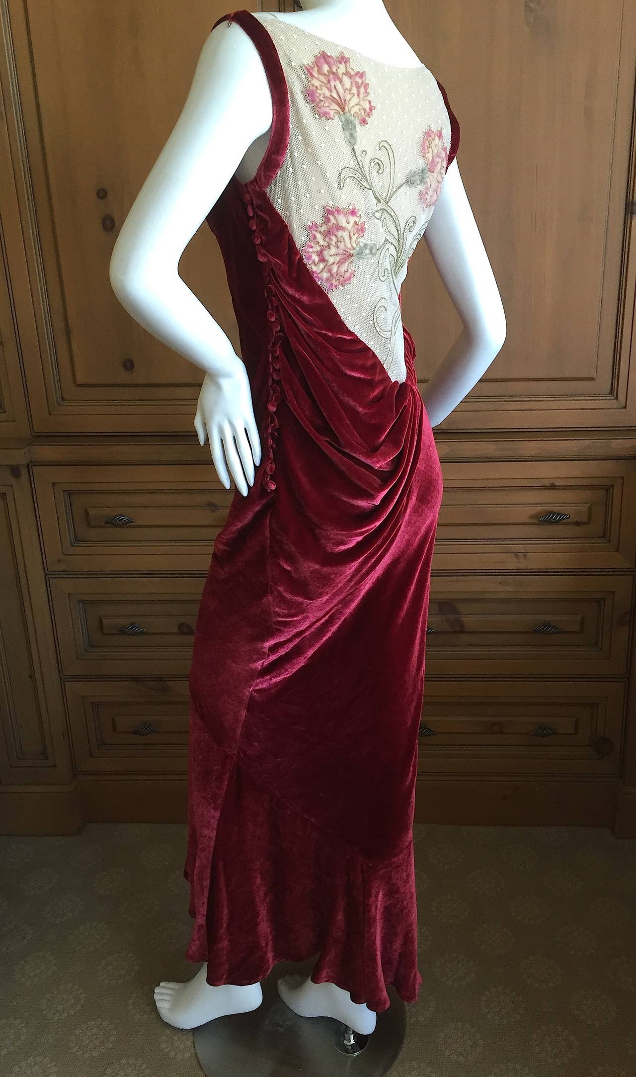 John Galliano Vintage Velvet Dress w Tattoo Embroidered Sheer Back In Excellent Condition In Cloverdale, CA