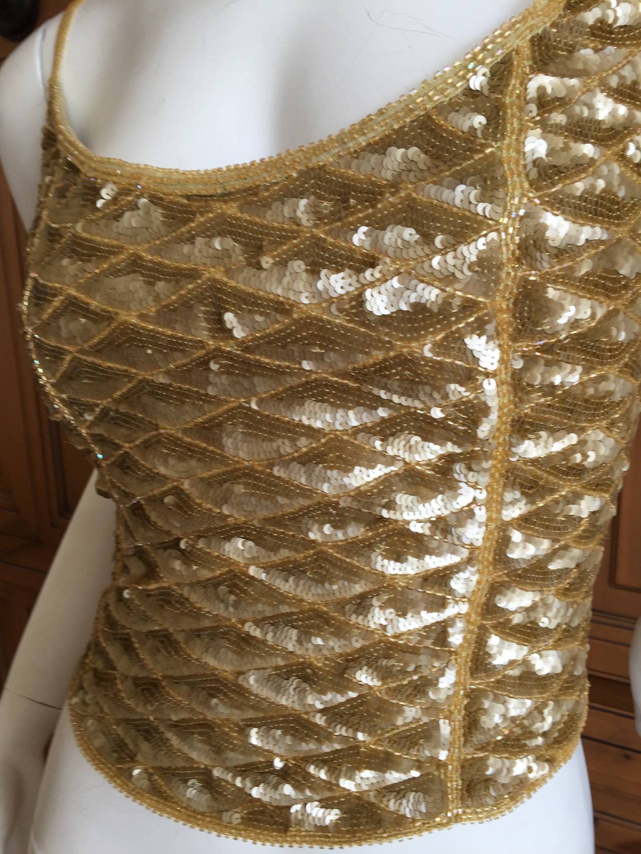 Brown Ferragamo Vintage Gold Sequin Top w Corset Lace Back For Sale