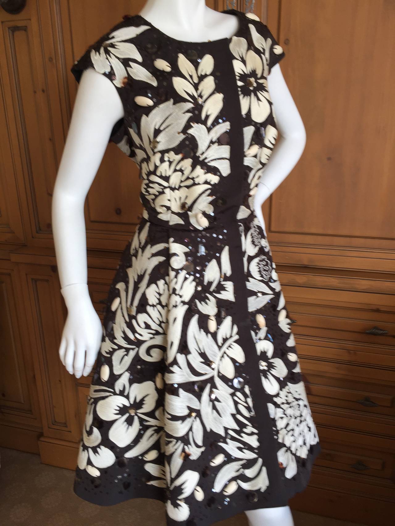 Oscar de la Renta Black & White Floral Embroidered Dress Size 12 1