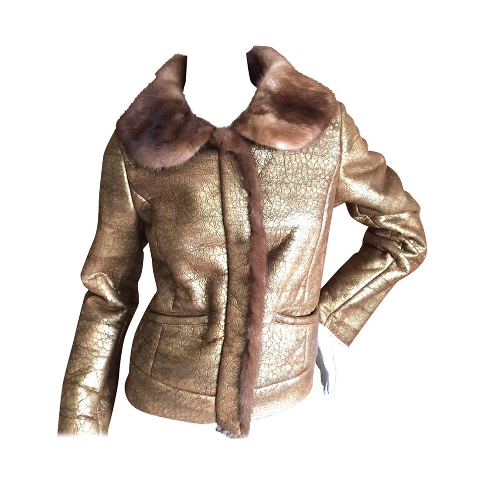 Prada Glamourous Alligator Pattern Gold Leather Jacket with Mink Collar