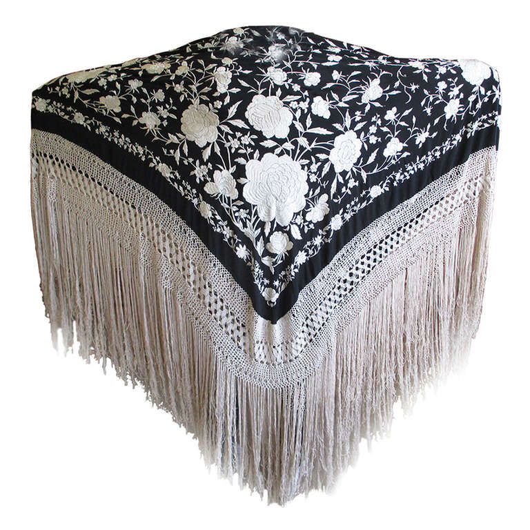 Antique Embroidered Black and Cream Spanish Piano Shawl