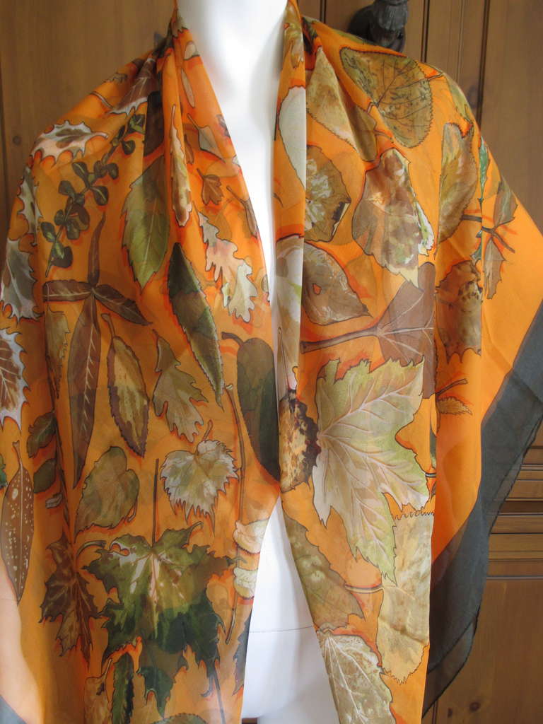 Hermes Silk Mousseline de Soie Shawl Orange and Green Foliage at 1stDibs