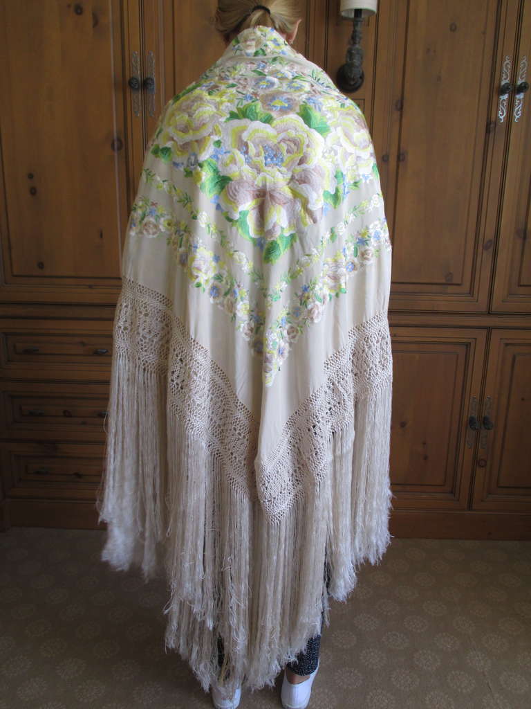 Vintage Spanish White and Pearlescent Pastel Floral Silk Wrap with Macramé Edge
Lots of Pearly Pale Blues, Greens and Yellows
This is so Exquisite!

Measurements:
57