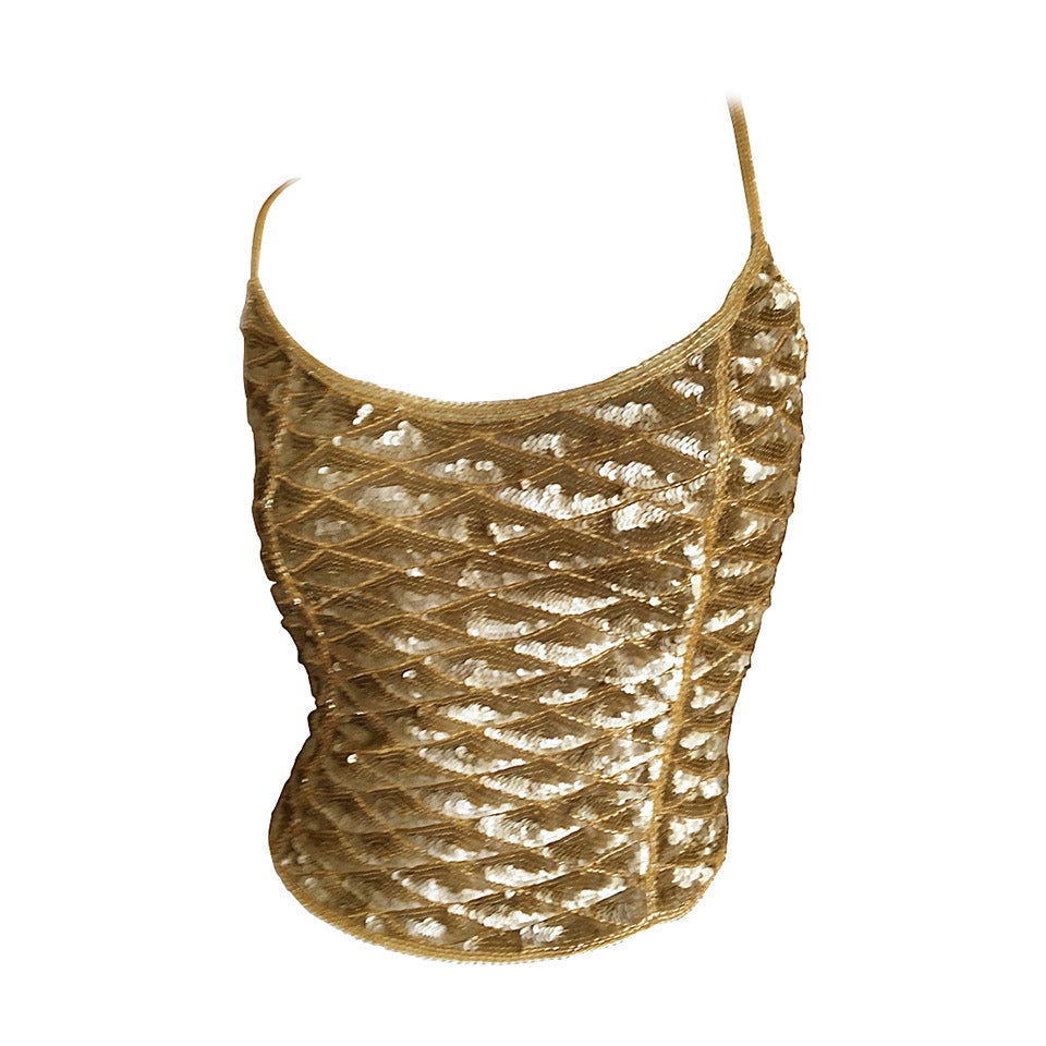 Ferragamo Vintage Gold Sequin Top w Corset Lace Back For Sale