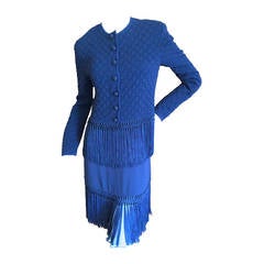 Valentino Vintage Navy Blue Fringed Dress w Matching Fringed Cashmere Sweater