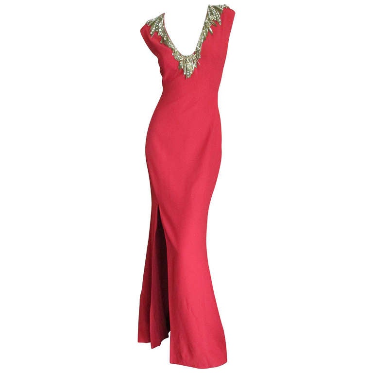 Alexander McQueen Low Cut Red Dress with Gold Beading at 1stDibs