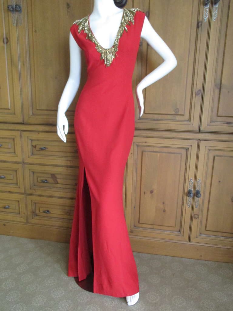 Alexander McQueen Low Cut Red Dress with Gold Beading at 1stdibs