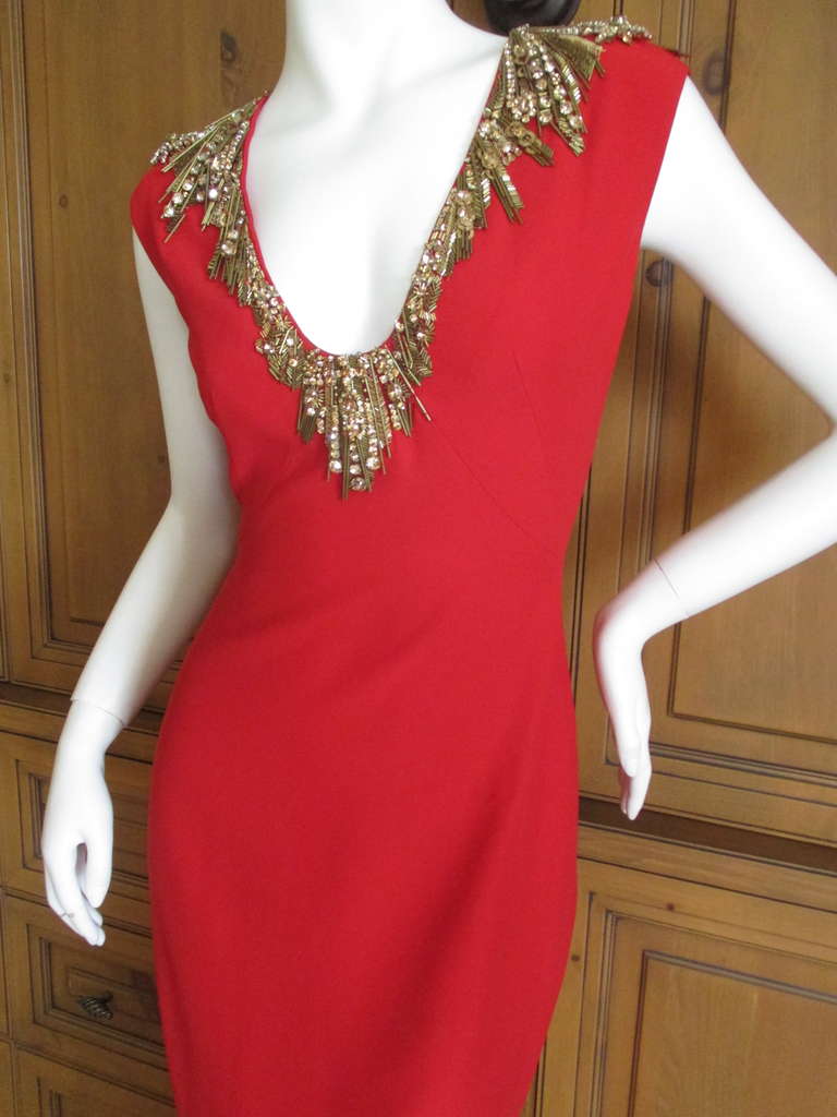 Alexander McQueen Low Cut Red Dress with Gold Beading at 1stdibs