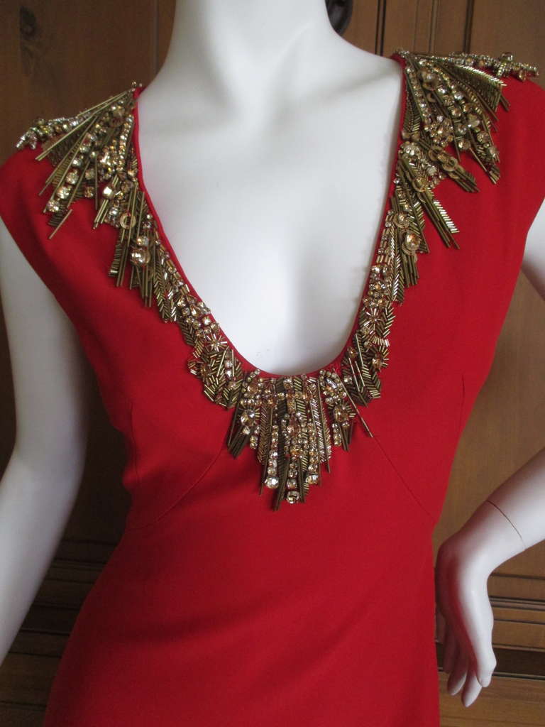 Alexander McQueen Low Cut Red Dress with Gold Beading at 1stdibs