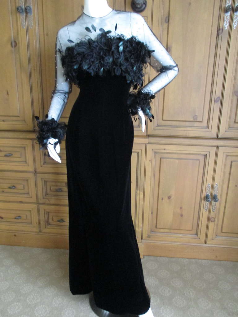 Givenchy 1970's Black Coq Feather Maison Lemarié Evening Dress In Excellent Condition In Cloverdale, CA