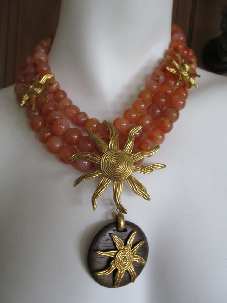 Yves Saint Laurent Bold Carnelian and Wood Necklace 1970's In Excellent Condition In Cloverdale, CA