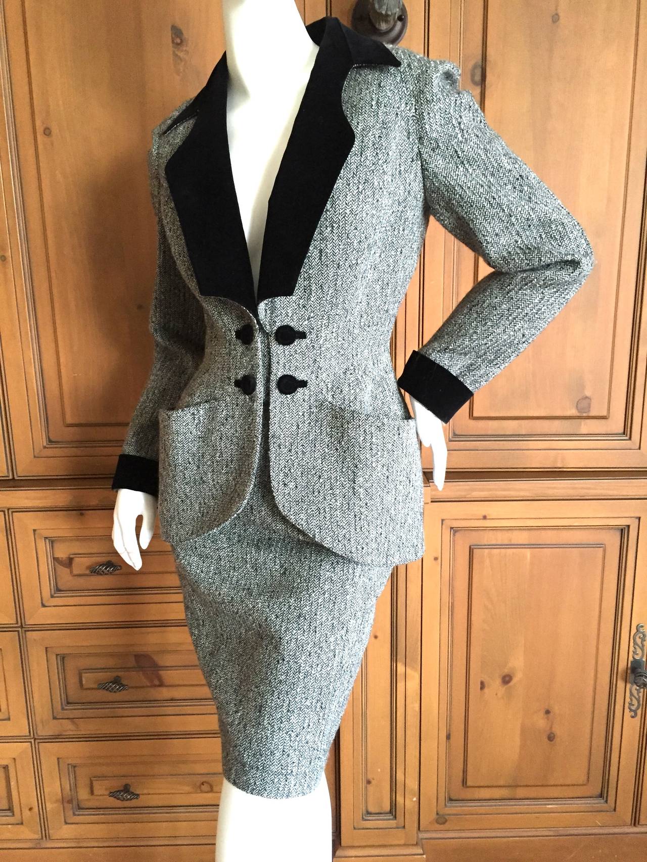 Women's Thierry Mugler Vintage Black Velvet Trimmed Herringbone Suit