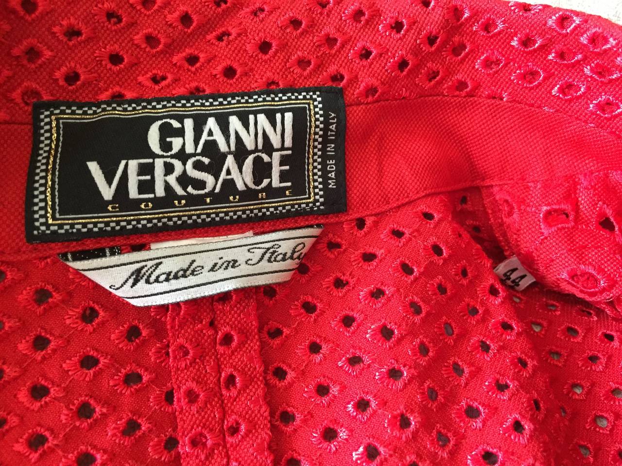 Gianni Versace Couture Vintage Red Embroidered Eyelet Jacket For Sale 2