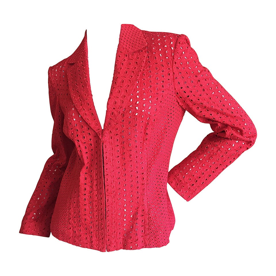 Gianni Versace Couture Vintage Red Embroidered Eyelet Jacket For Sale