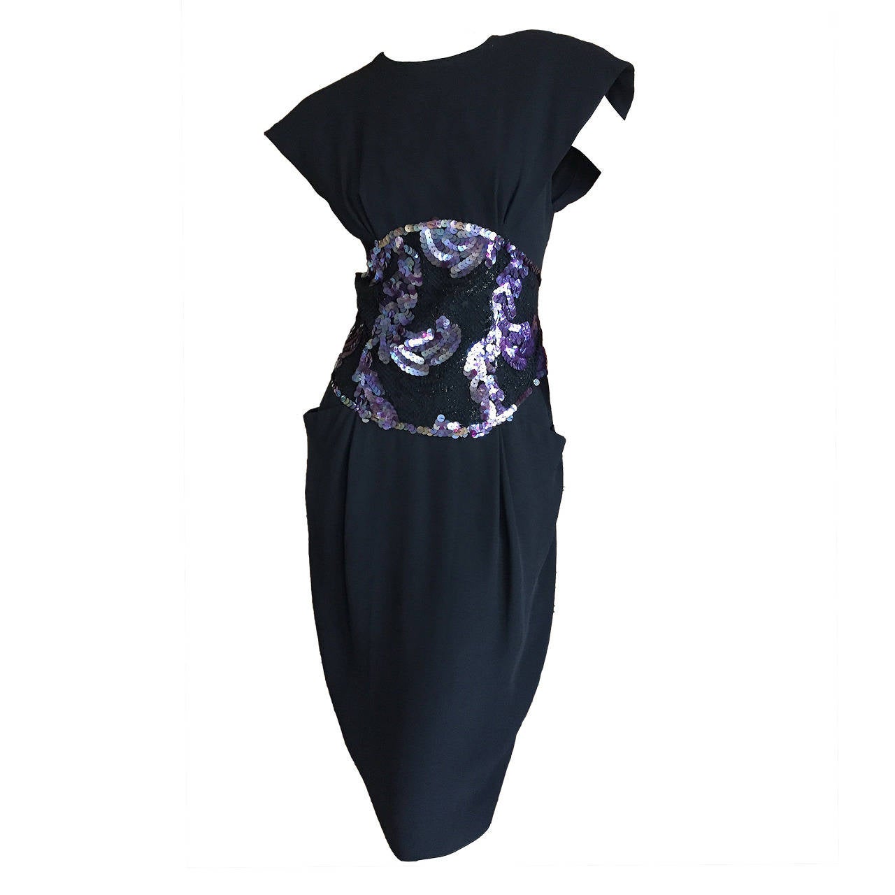 Geoffrey Beene Black Crepe Dress w Sequin "Obi" For Sale
