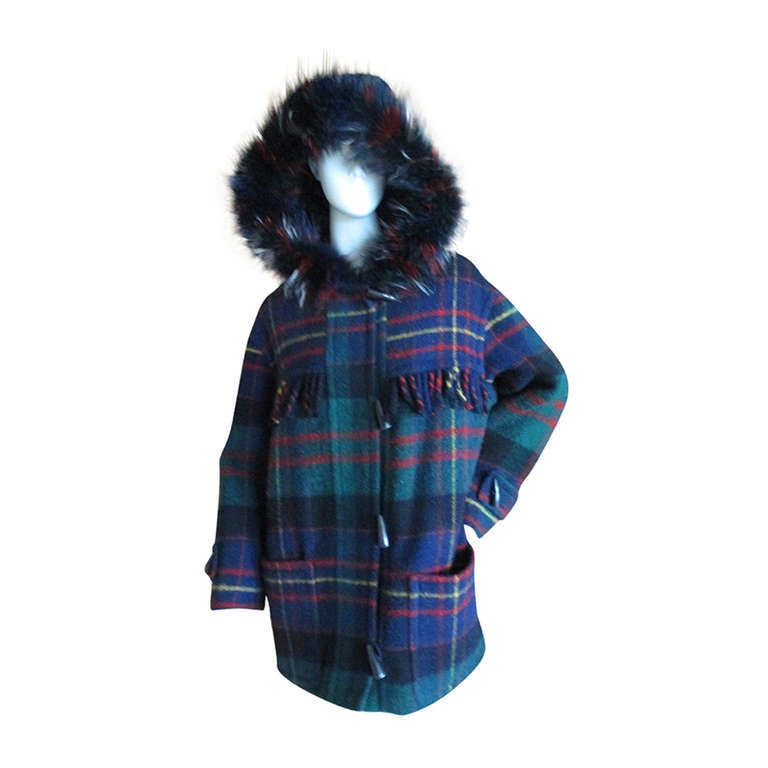 Yves Saint Laurent Fourrures Fringe Plaid Toggle Blanket Coat with Fur Trim Hood