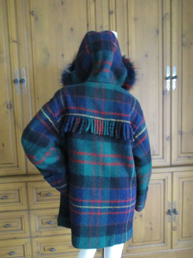 Yves Saint Laurent Fourrures Fringe Plaid Toggle Blanket Coat with Fur Trim Hood In Excellent Condition In Cloverdale, CA