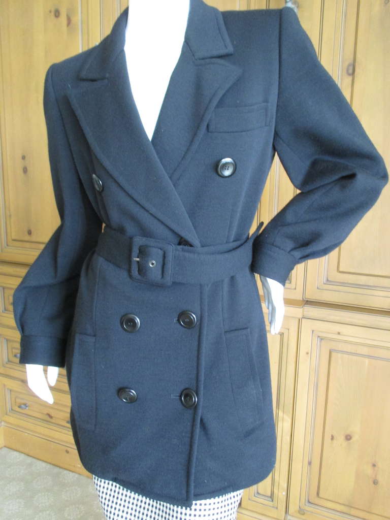 Yves Saint Laurent Rive Guache Vintage Black Belted Coat
Size 38

BUST: 40 in.
WAIST: 38 in.
SLEEVE LENGTH: 25 in.
LENGTH: 33 in.