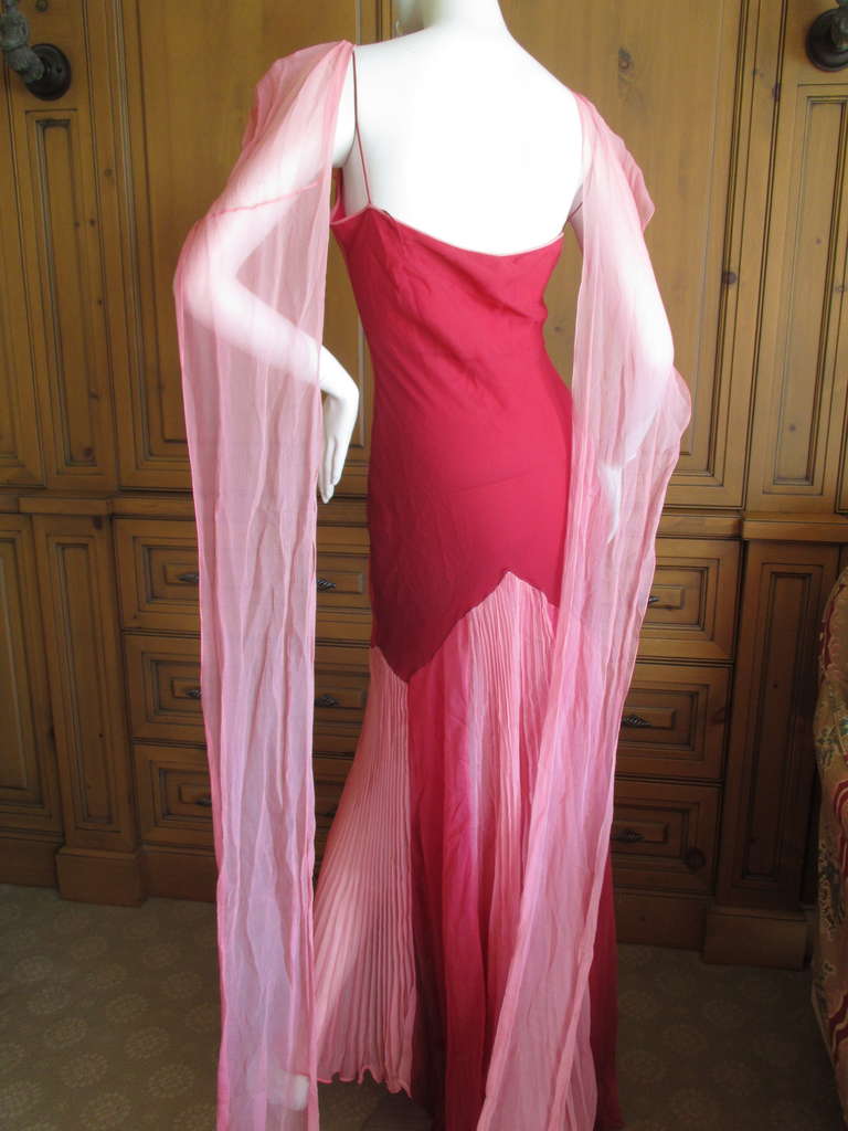 John Galliano Silk Chiffon Dress with Scarves
Ombre Silk Chiffon in shades of blush to deep rose red.
Knife pleats on sections of the skirt add terrific volume to the flow, this is so pretty in motion.
Sz 42 Fr
US 8