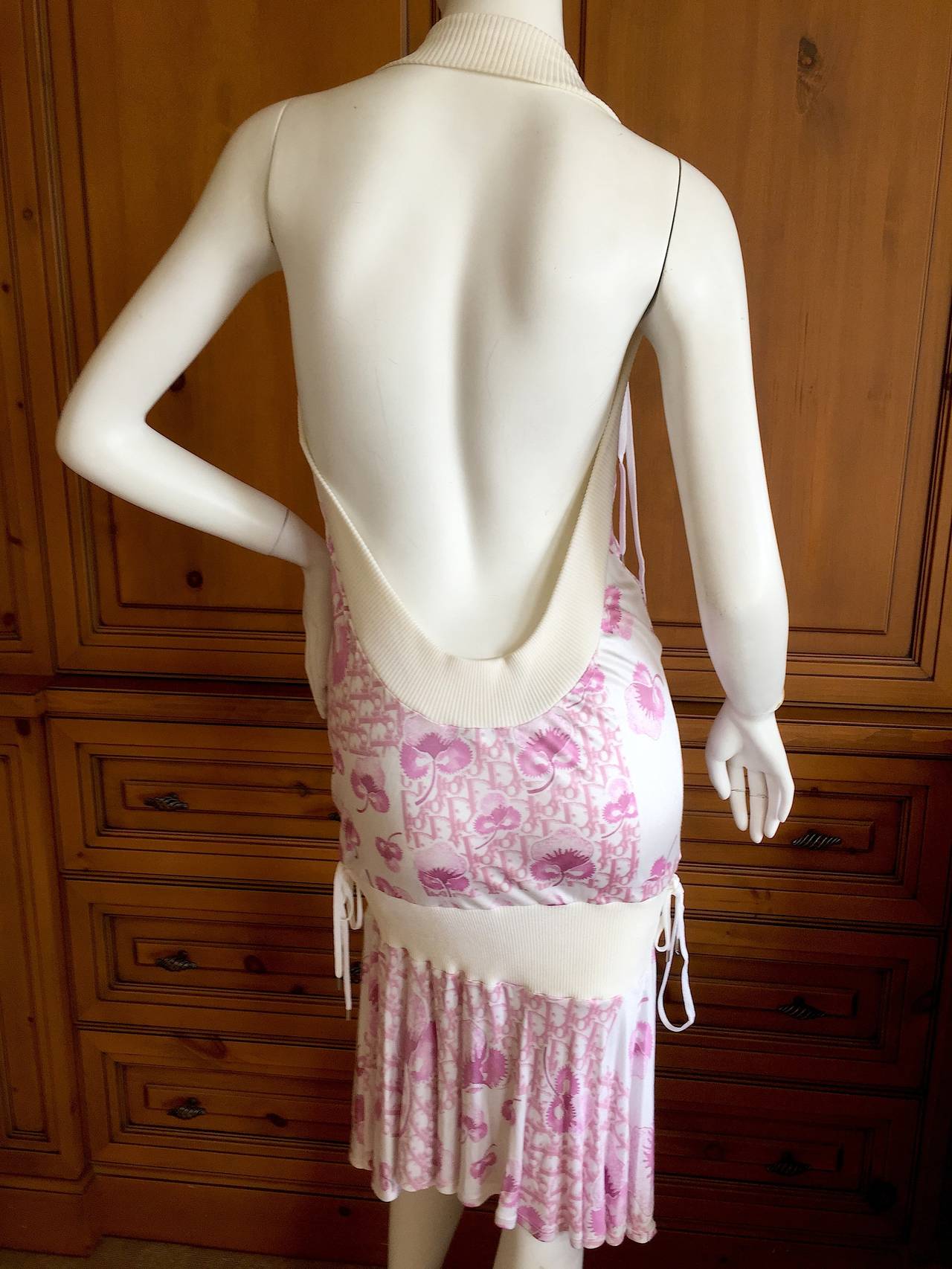 Christian Dior by John Galliano Backless Diorissimo Logo Dress
This is so adorable with white ribbing and pink Diorissimo logo pattern.

 NWT
Sz 40 (US 8)
Measurements: Bust 40