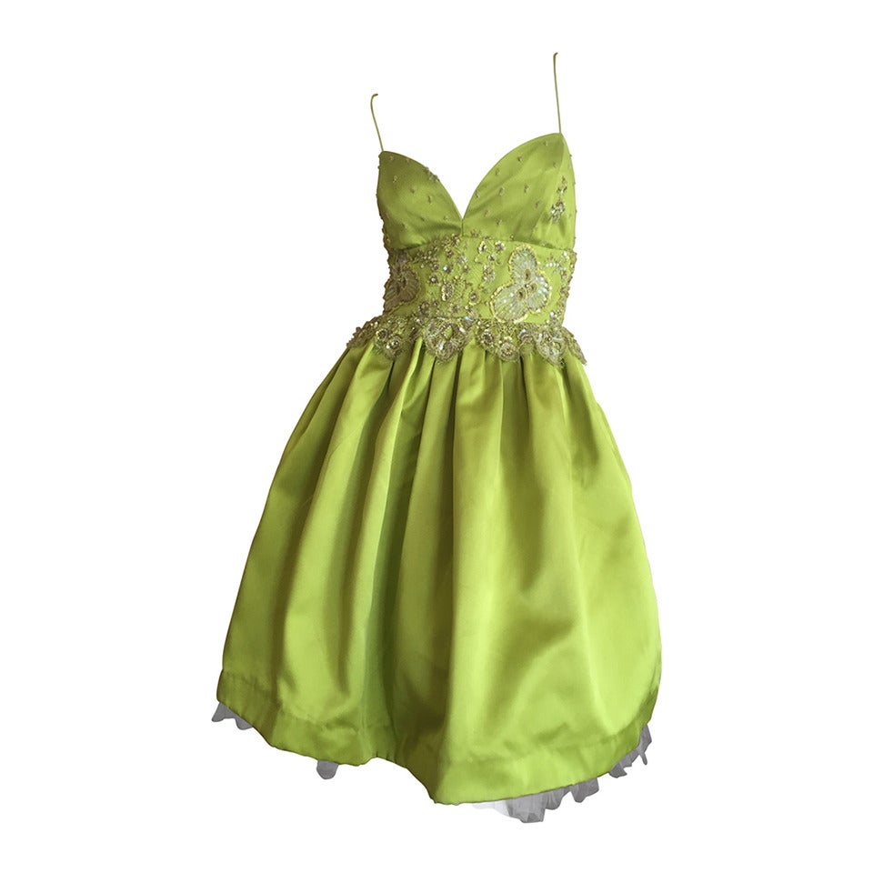 Bill Blass Vintage Green Silk Dress w Lace Embellishments For Sale