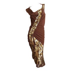 John Galliano Brown Silk Dress with Gold Sequin Details