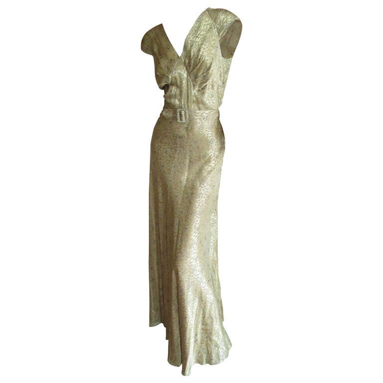 1930's Gold Belted Evening Dress at 1stdibs