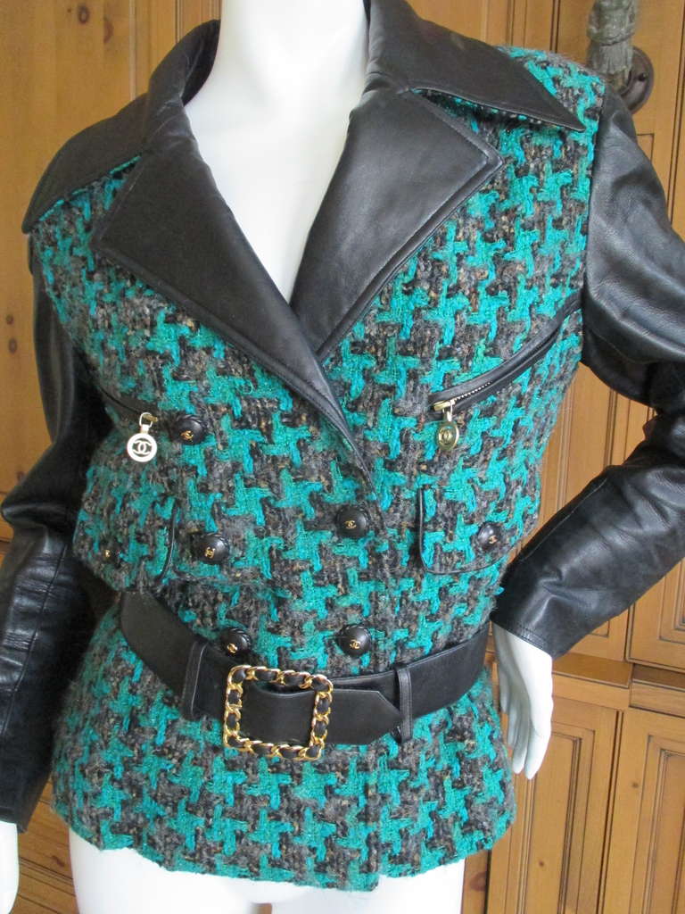 Chanel / Lagerfeld 1991 Boucle Belted Jacket with Leather Sleeves In Excellent Condition In Cloverdale, CA