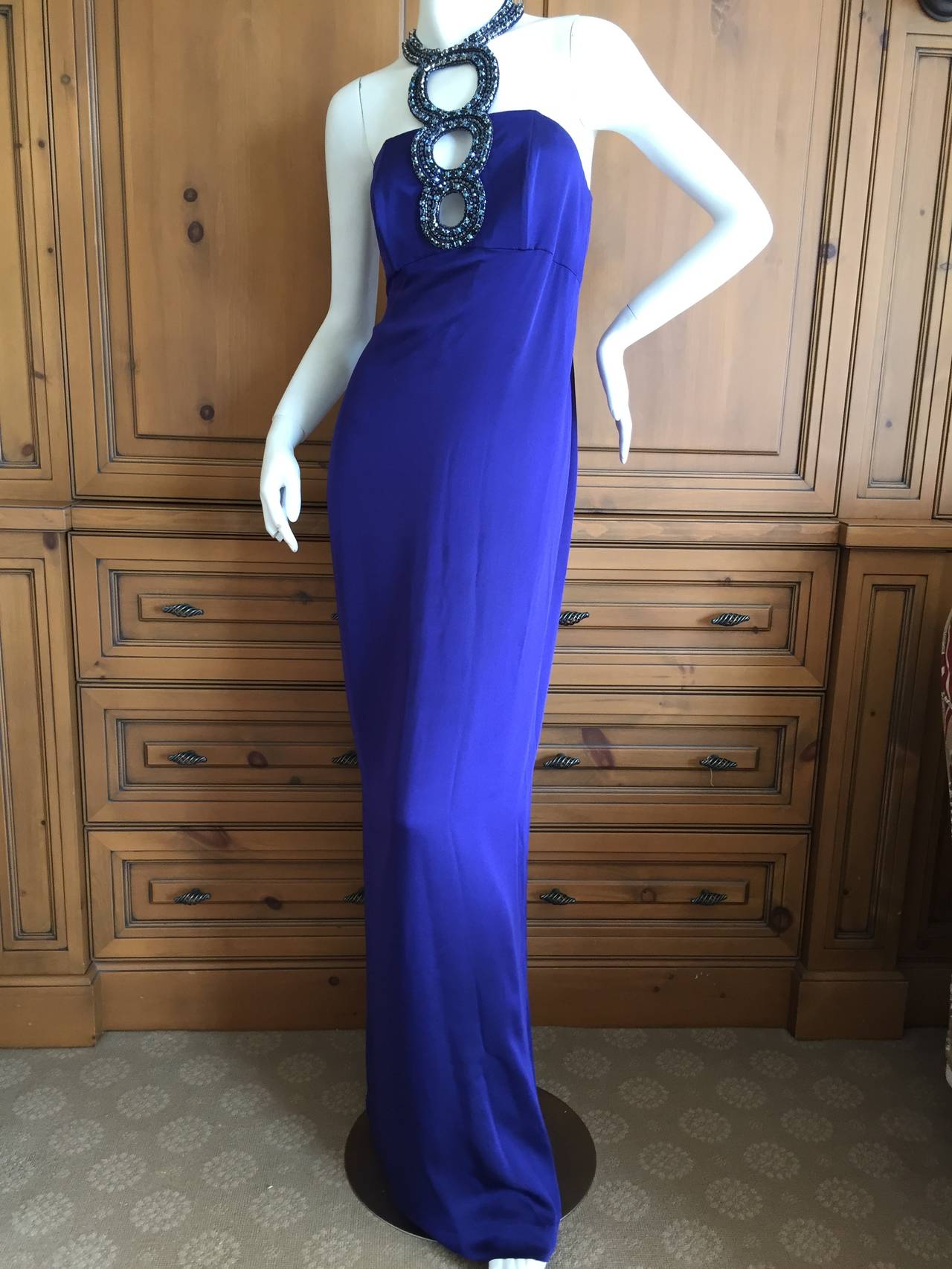 Azzaro Iconic Blue Jeweled Keyhole Dress In Excellent Condition In Cloverdale, CA