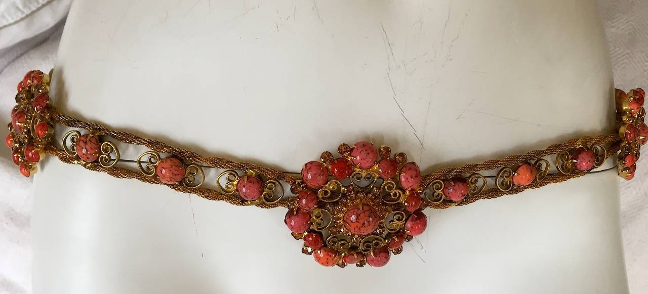 Yves Saint Laurent Vintage Gold Mesh Coral Cabachon Belt / Necklace In Excellent Condition In Cloverdale, CA
