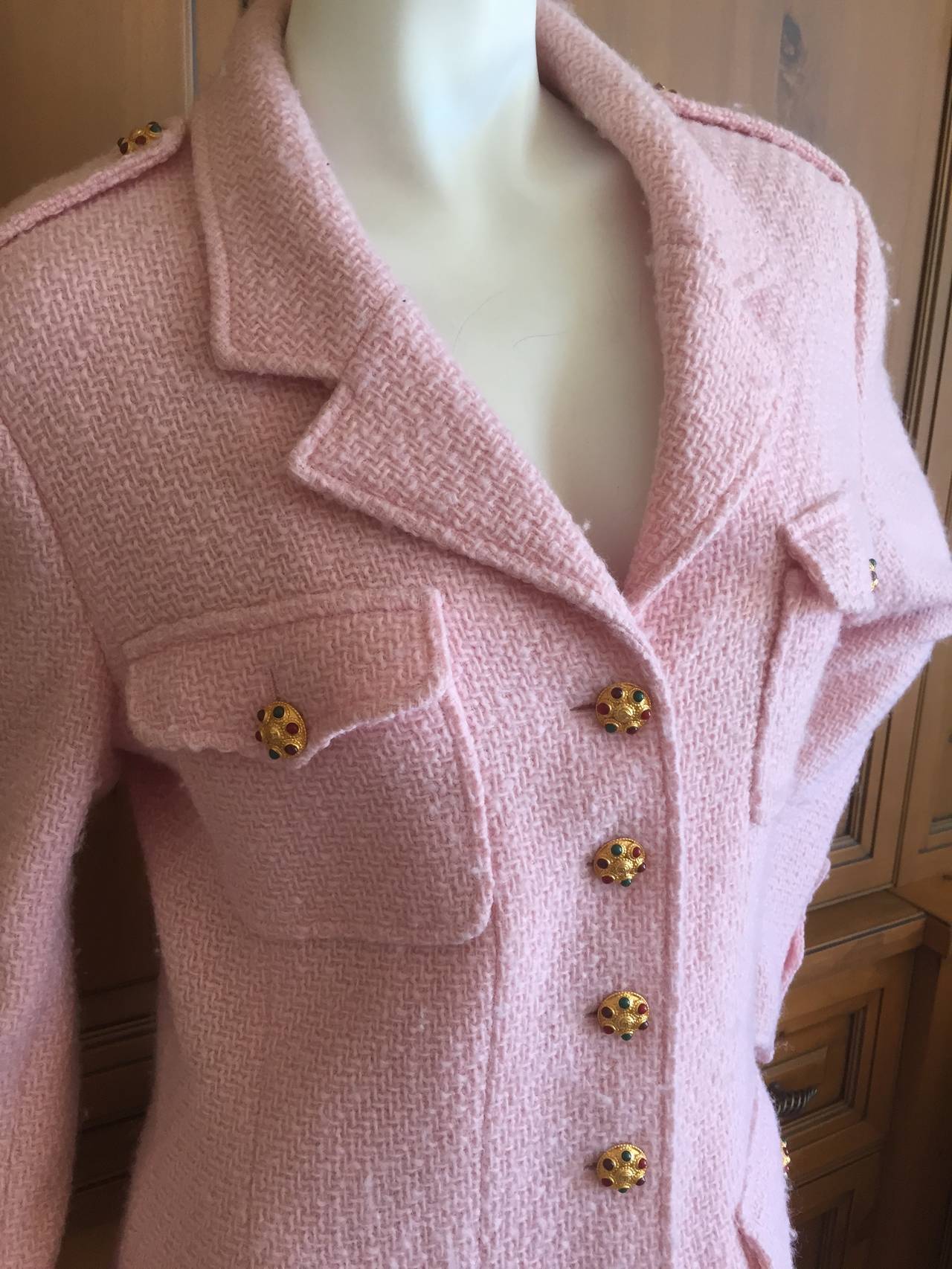 Chanel Pink Boucle Military Style Jacket with Gripoix Buttons In Excellent Condition In Cloverdale, CA