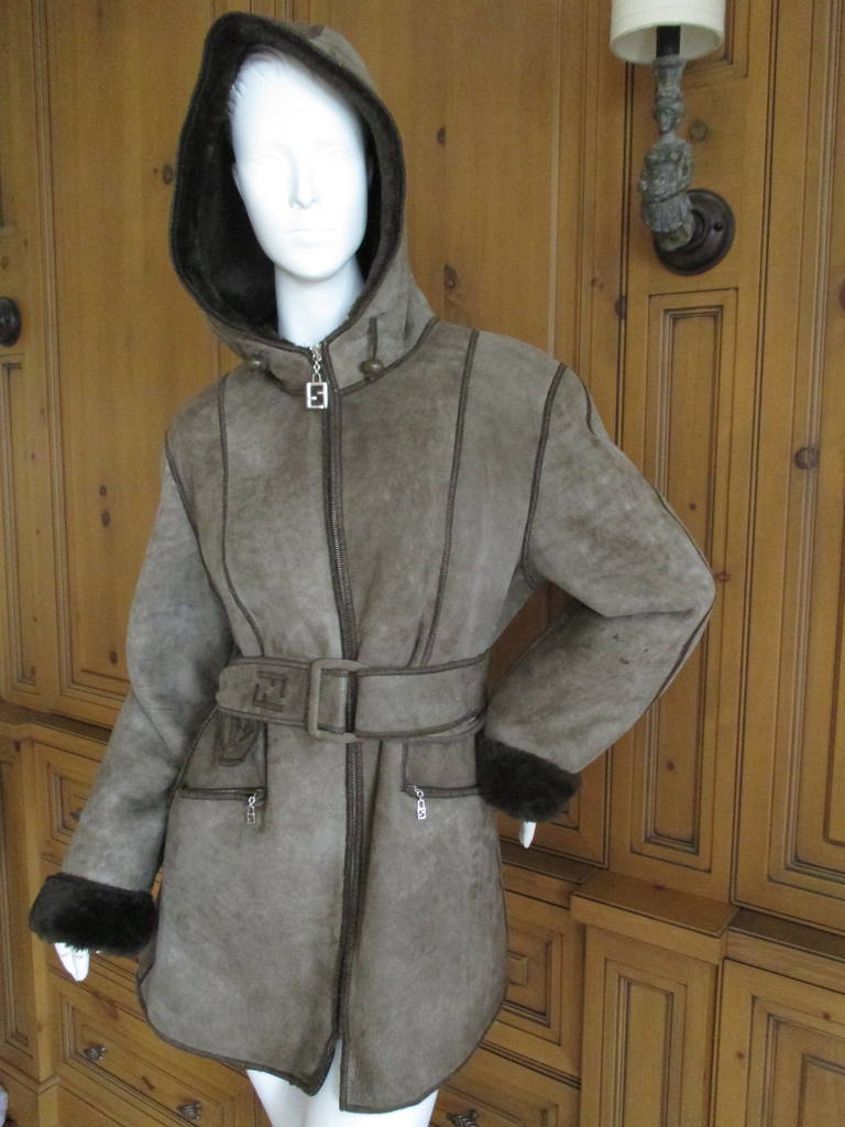 Fendi Belted Shearling Coat with Hood In Good Condition In Cloverdale, CA