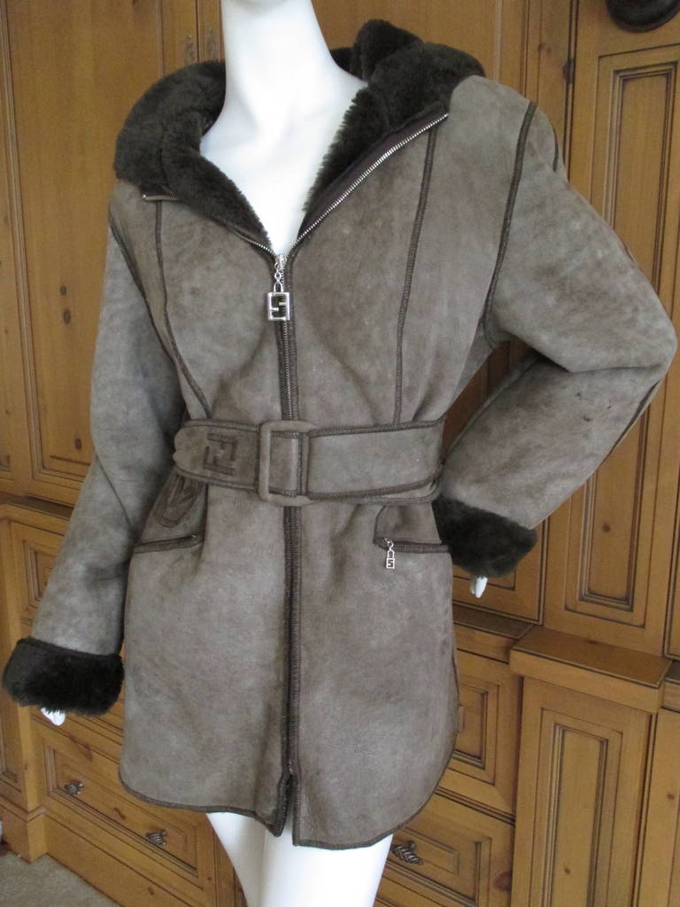 Fendi Belted Shearling Coat with Hood.
The color would be pale olive green with a distressed treatment.