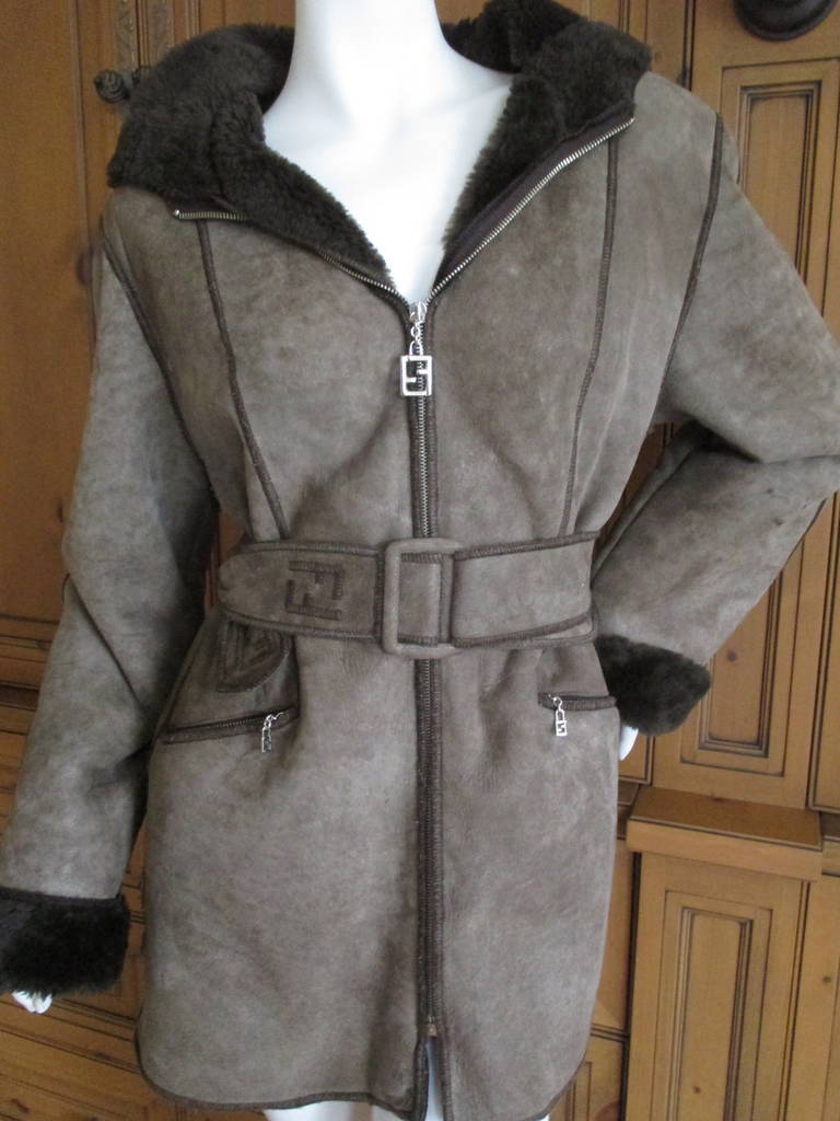 Fendi Belted Shearling Coat with Hood 3