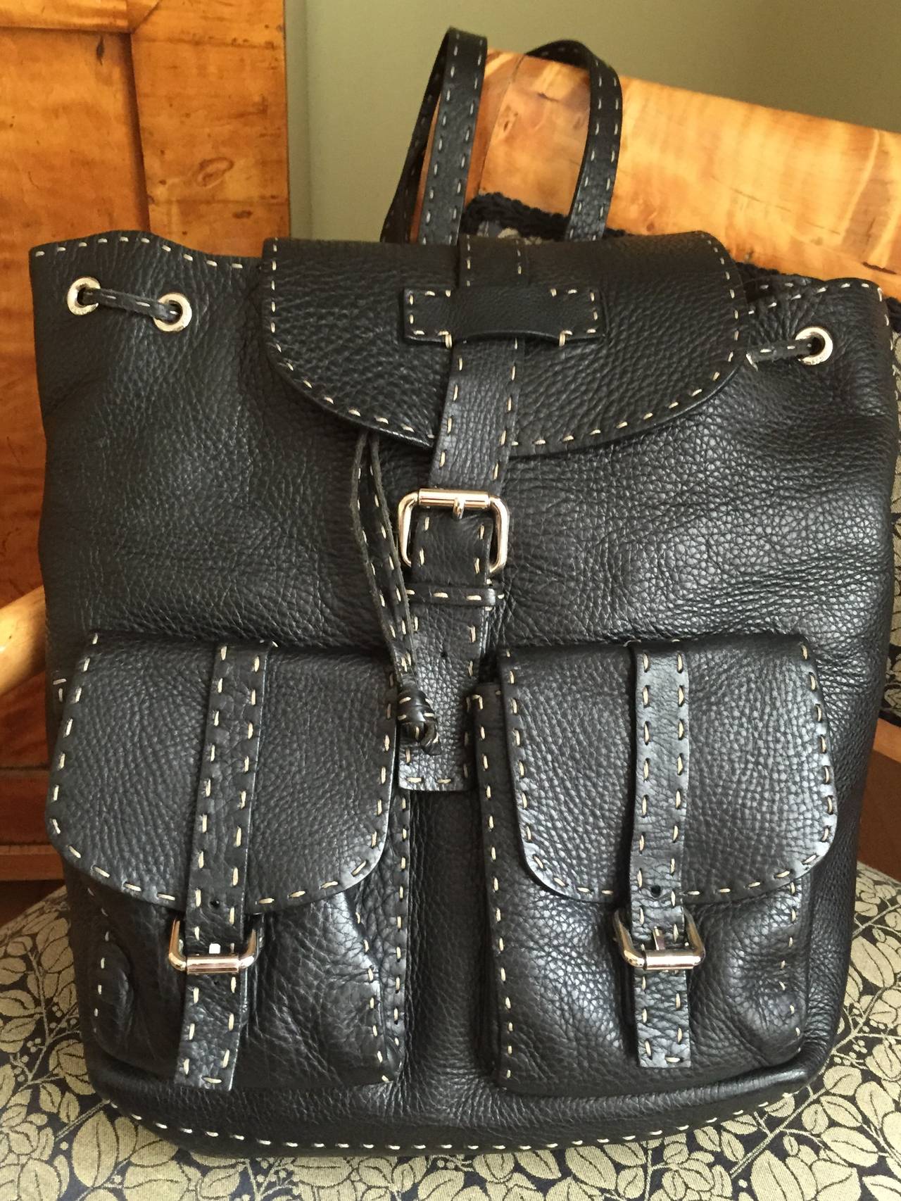 Fendi Sellaria Limited Edition Hand Made Black Leather Top Stitch Men's Backpack In Excellent Condition In Cloverdale, CA